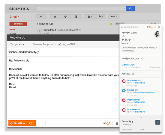 HubSpot Sidekick sidebar view